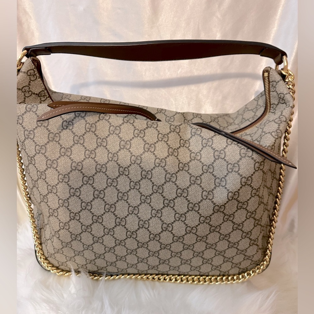 COA -Auth Gucci Chain Hobo GG Coated Canvas Large Brown